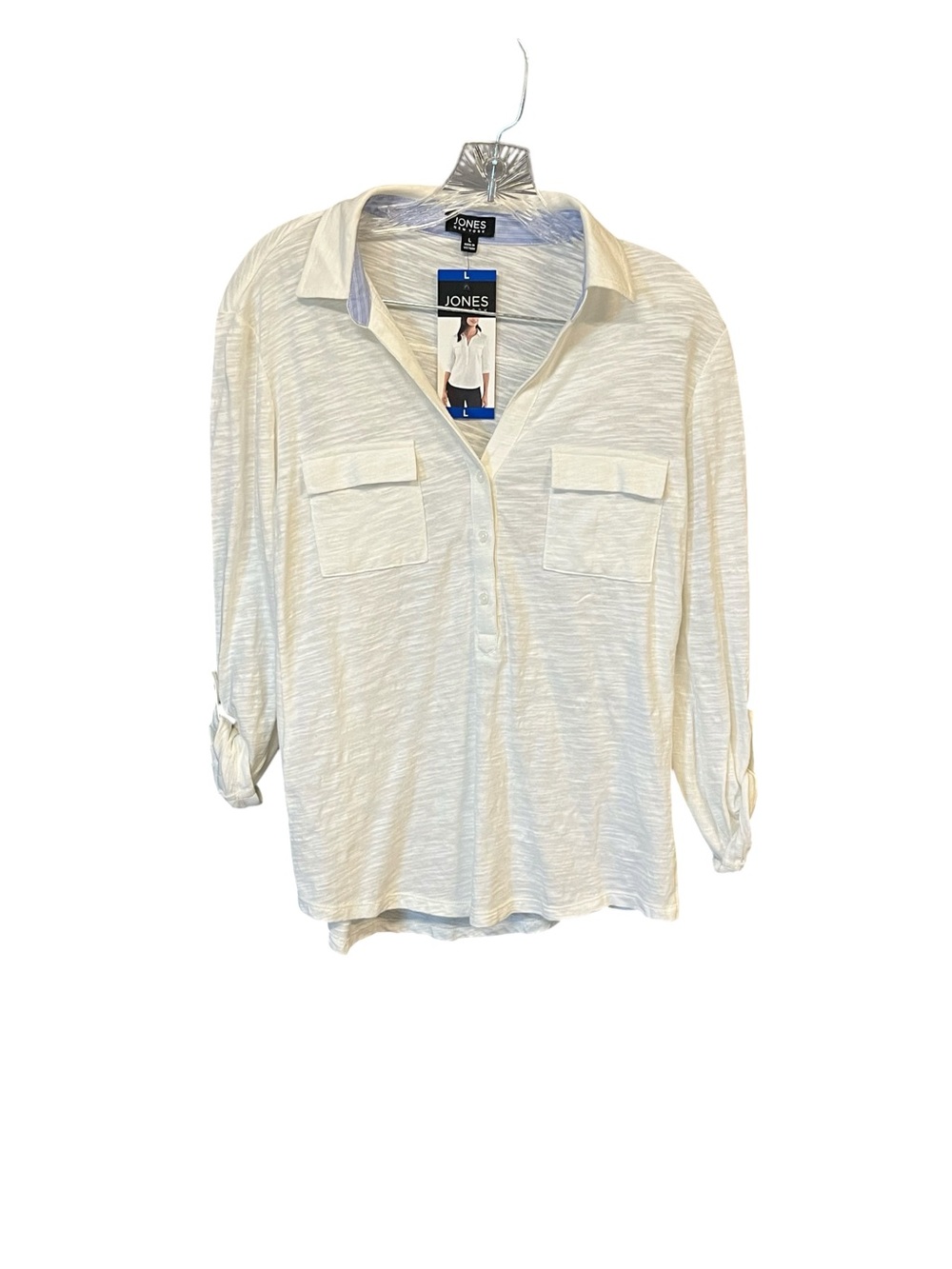 Jones New York Popover Blouse Women L Ivory White V Neck Roll Tab Cotton